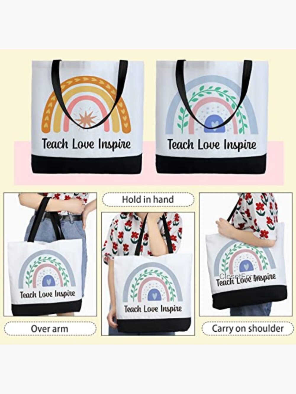 Set of 2 Teacher Tote Bags Canvas Reusable Grocery Shopping Bags - Picture 6 of 7